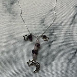 Moon and stars charm necklace with pink rose quartz and purple amethyst beads 🌙